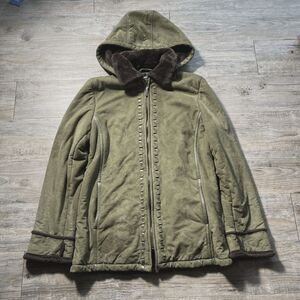 Vintage Y2K Opium Suede Style Jacket Medium Fuzzy Fur Hood Owens Green Brown